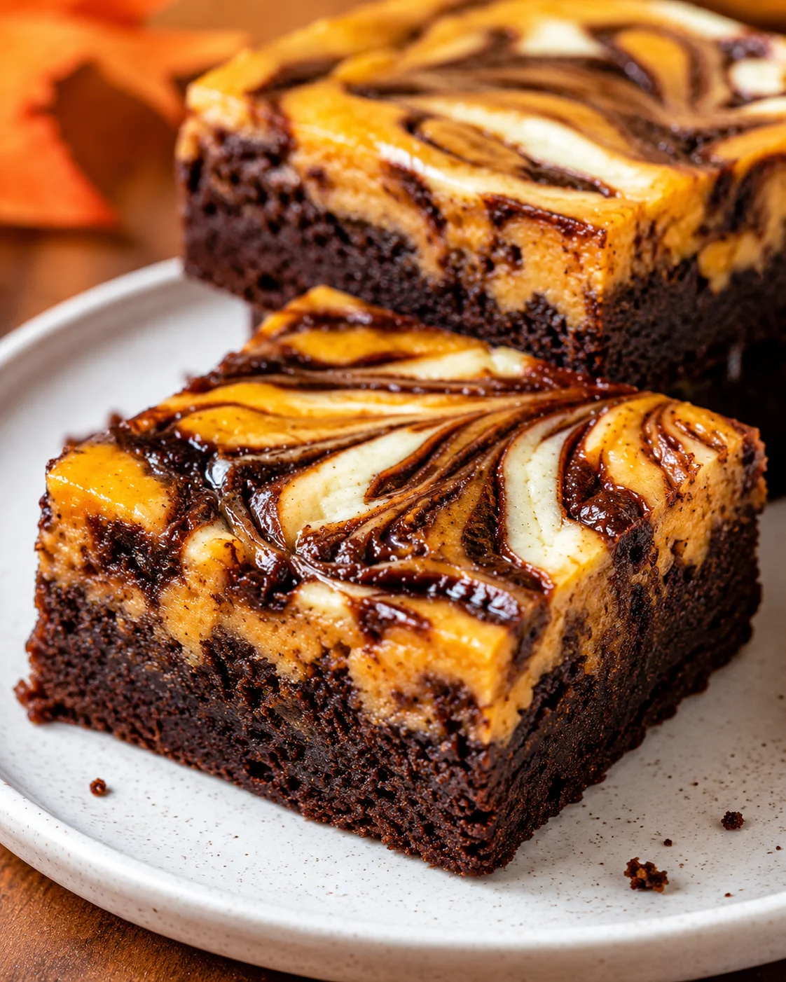 Close-up of marbled pumpkin and chocolate brownies on a plate.