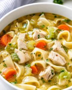 Bowl of chicken noodle soup with egg noodles, diced chicken, carrots and celery in broth
