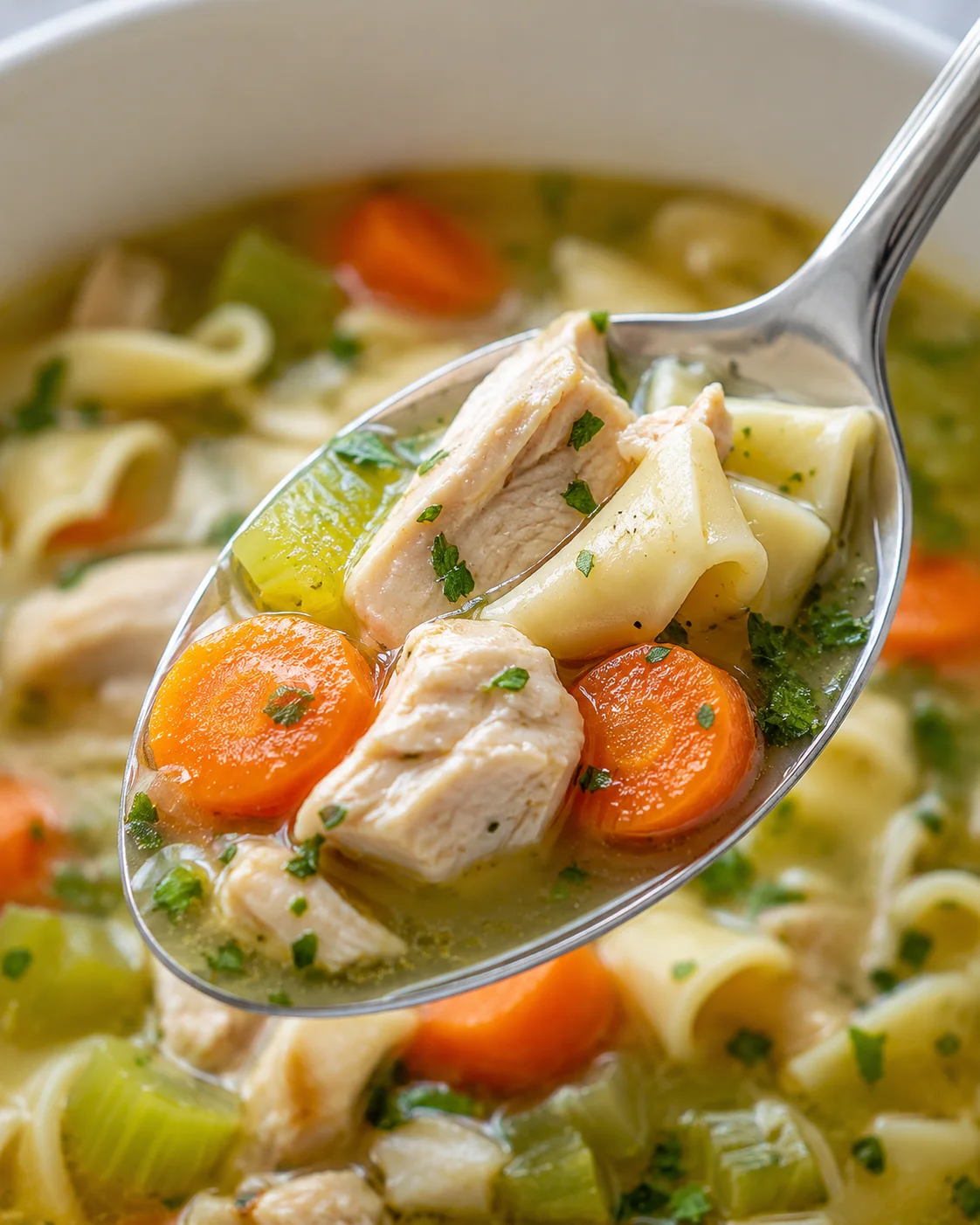 Close-up spoon of chicken noodle soup showing chicken, noodles and carrot slices