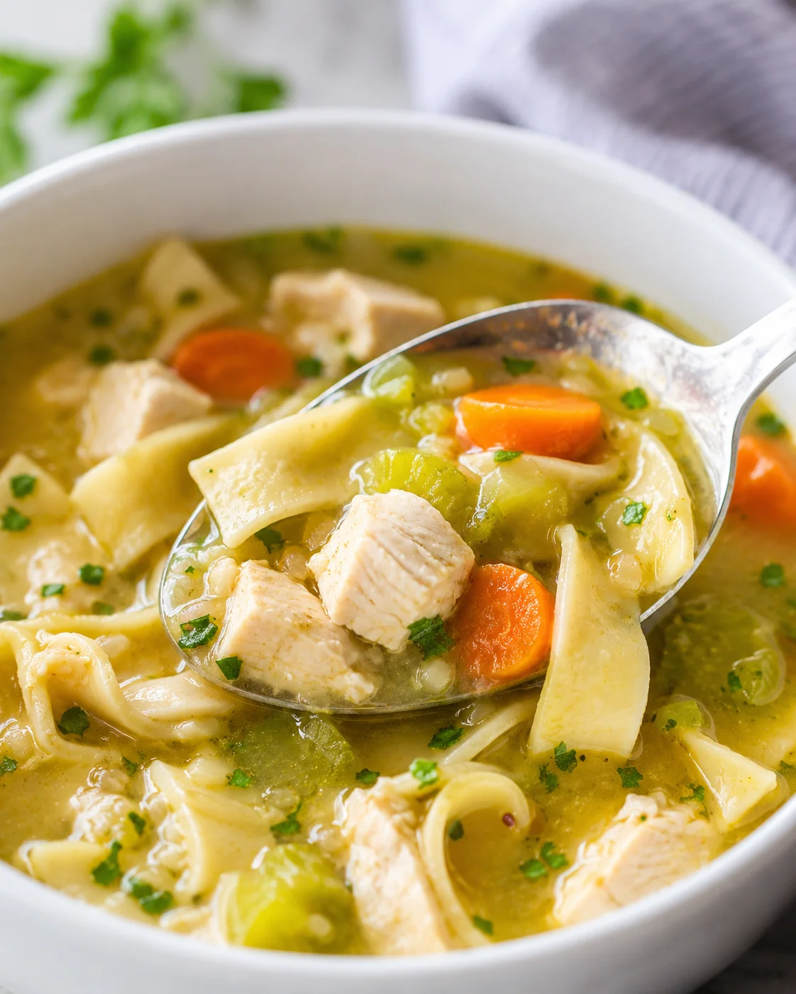 Spoon lifting a portion of chicken noodle soup with noodles, chicken, carrots and celery from a bowl