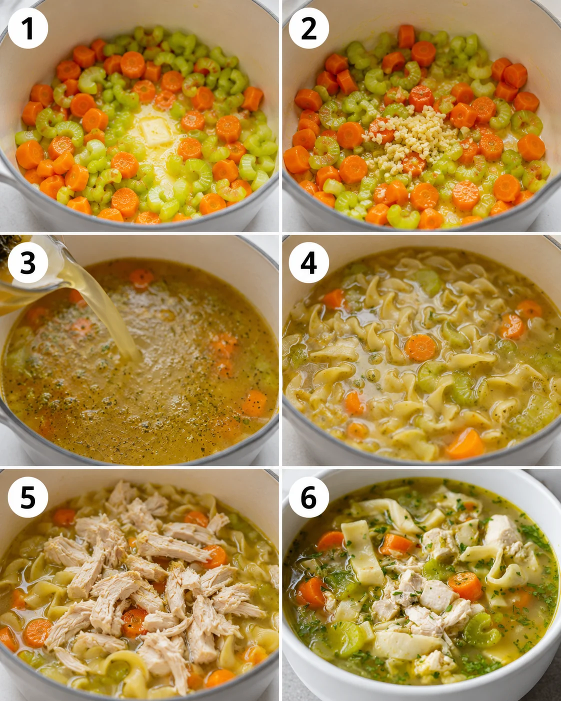 Six-panel collage showing the cooking steps for chicken noodle soup from sautéing vegetables to the finished bowl