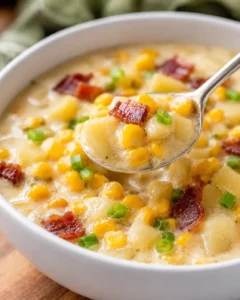 Spoon lifting a spoonful of corn chowder from a bowl with potatoes, corn, bacon, and chives