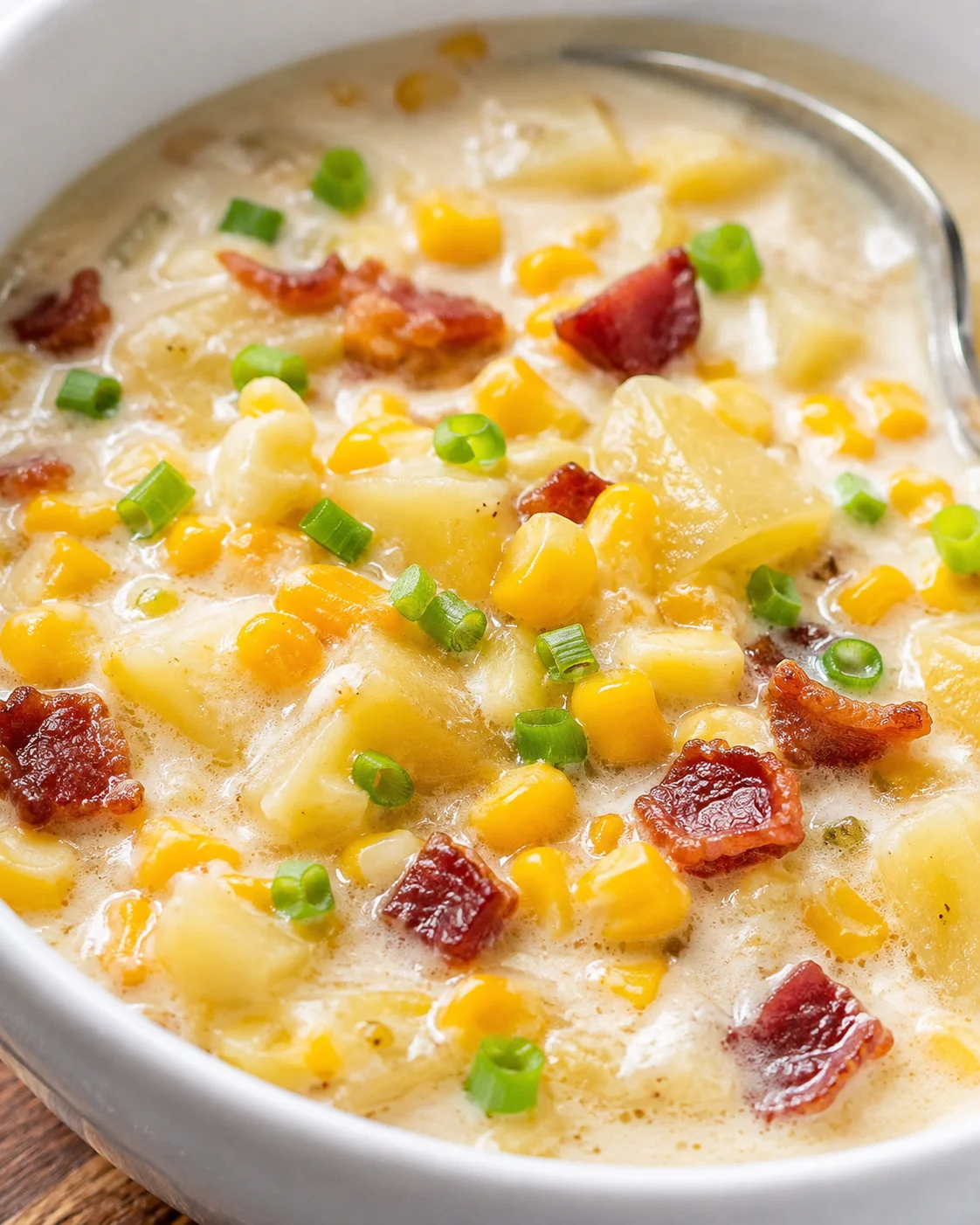 Extreme close-up of corn chowder showing creamy texture, corn kernels, potato and bacon pieces