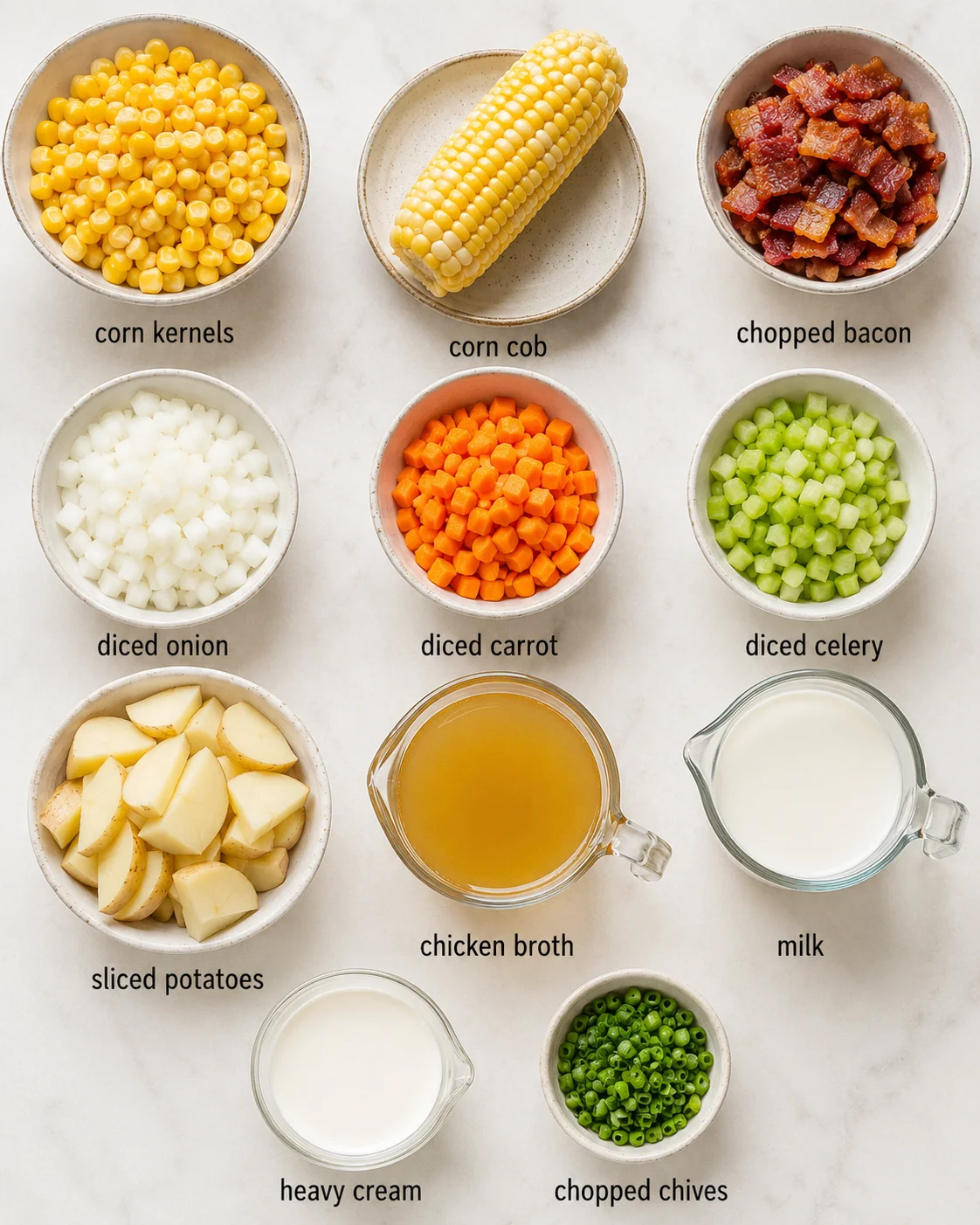 Top-down layout of corn chowder ingredients including corn kernels, cob, bacon, diced vegetables, potatoes, broth, milk and cream