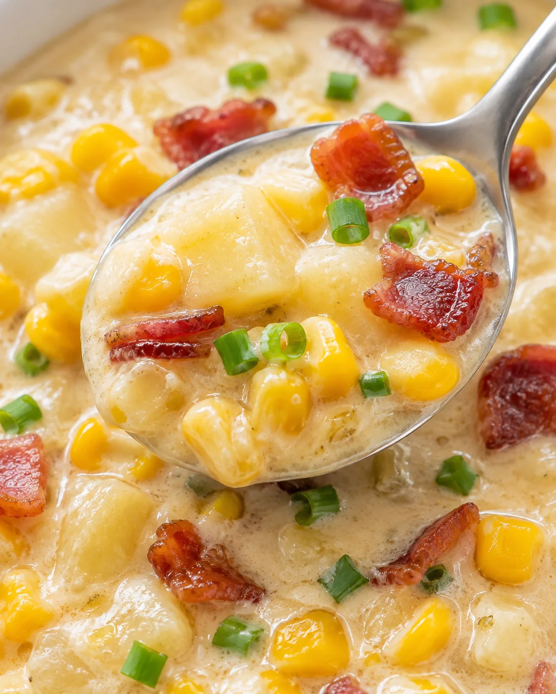 Close-up spoonful of corn chowder showing potatoes, corn kernels, bacon and chives over the soup