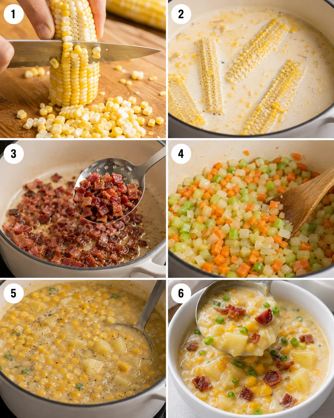 Collage of numbered steps for making corn chowder showing cutting corn, simmering cobs, cooking bacon, sautéing vegetables, simmering soup and serving