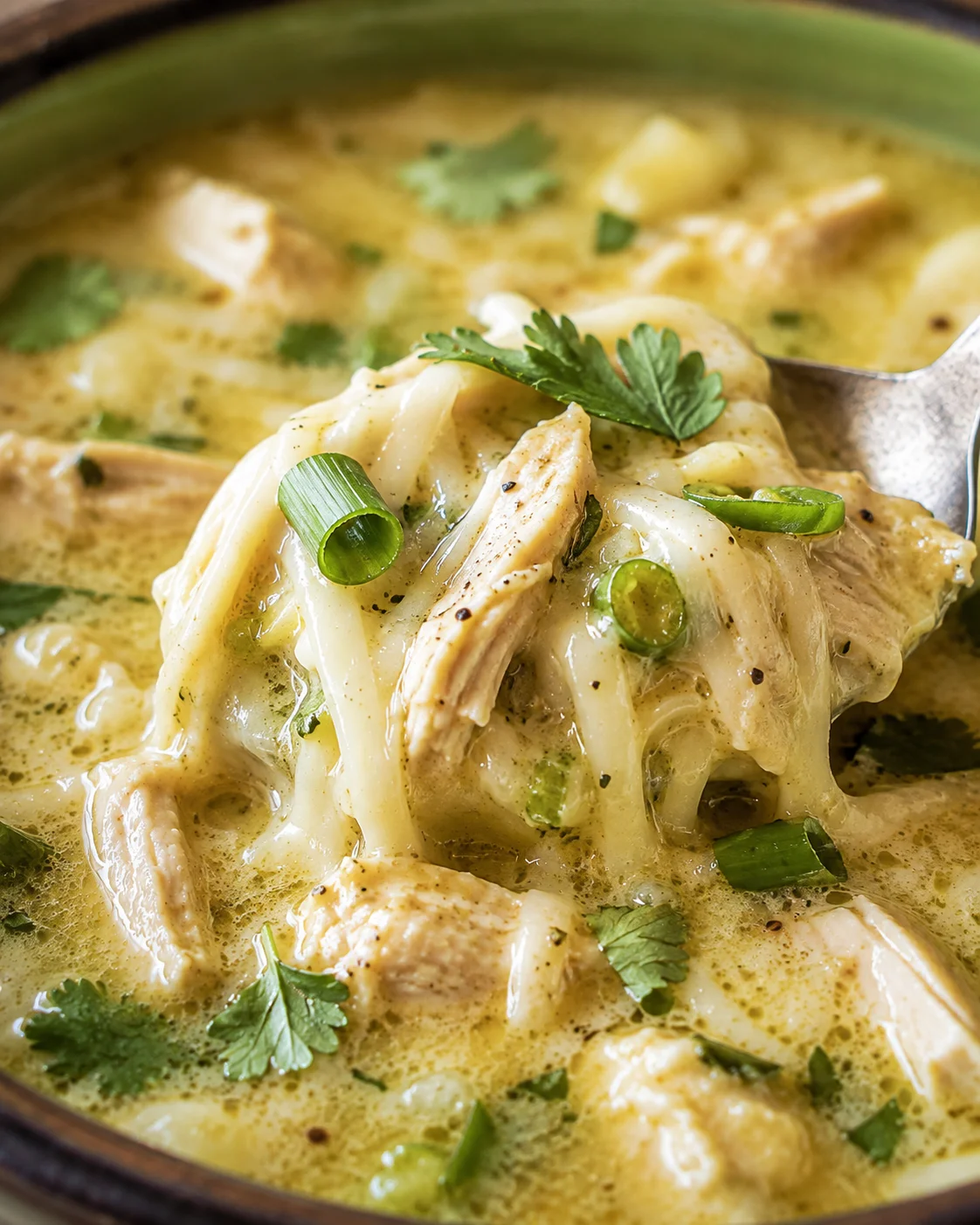 Close detail of melted cheese and shredded chicken in creamy green enchilada soup