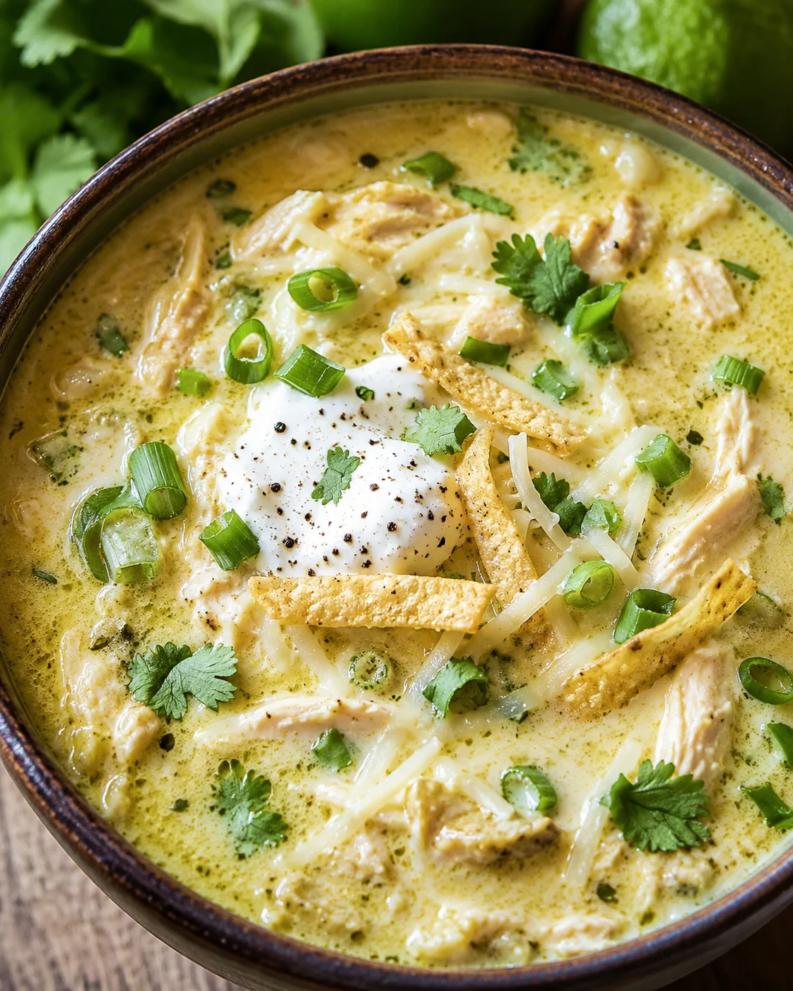 Bowl of creamy green enchilada chicken soup topped with sour cream, tortilla strips, cheese and cilantro