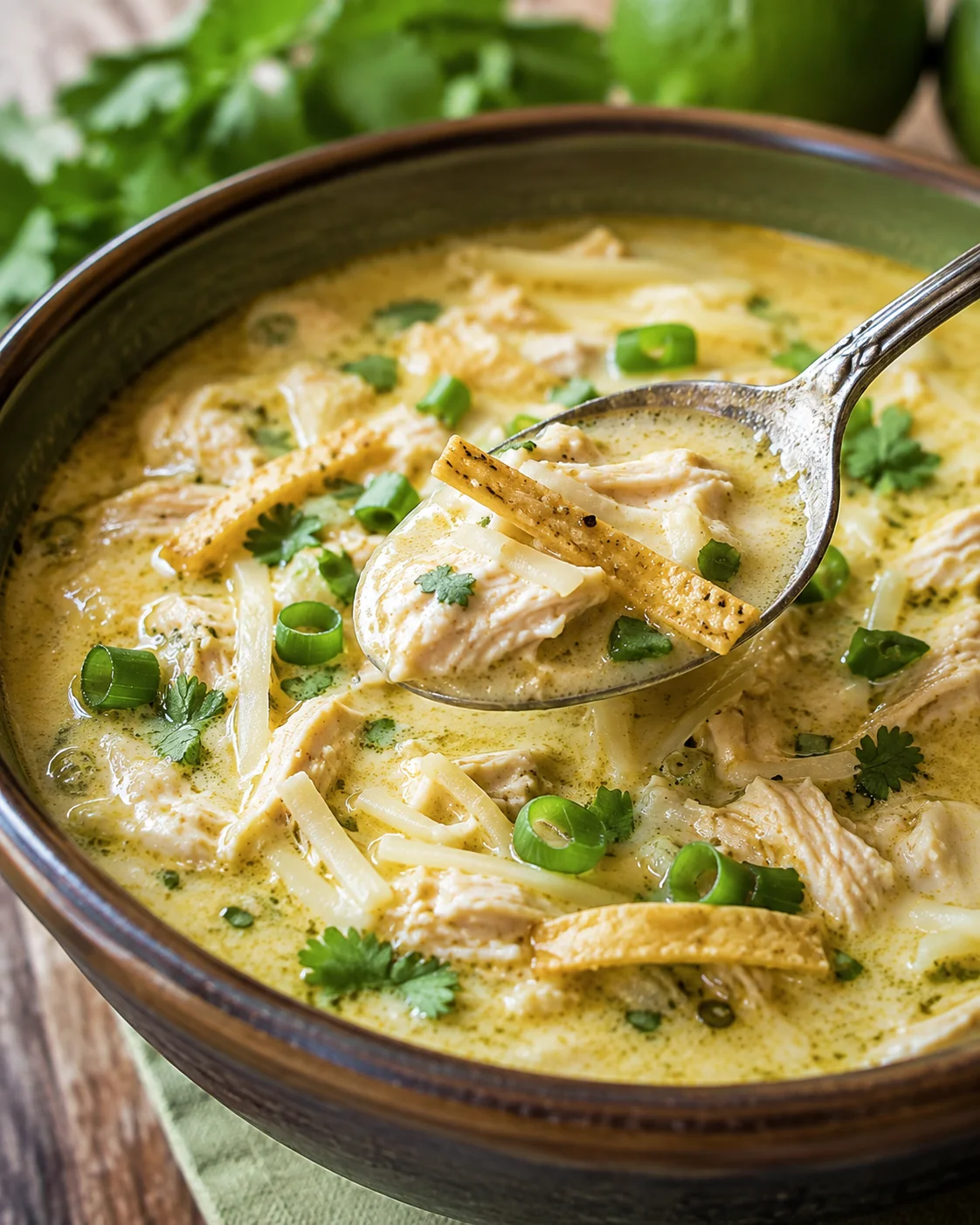 Spoon lifting a spoonful of creamy green enchilada chicken soup with shredded chicken and tortilla strips