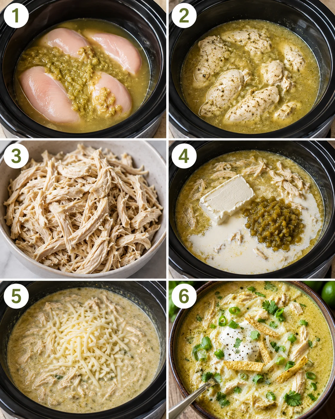 Six-panel photo showing the slow cooker steps for creamy green enchilada chicken soup from raw chicken to finished bowl