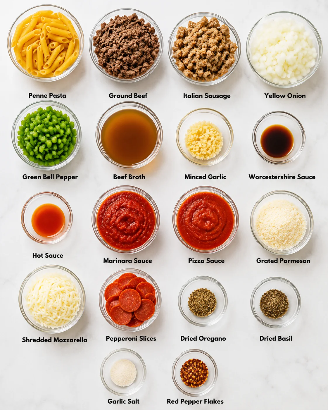 Assorted bowls filled with ingredients for making pizza pasta bake.