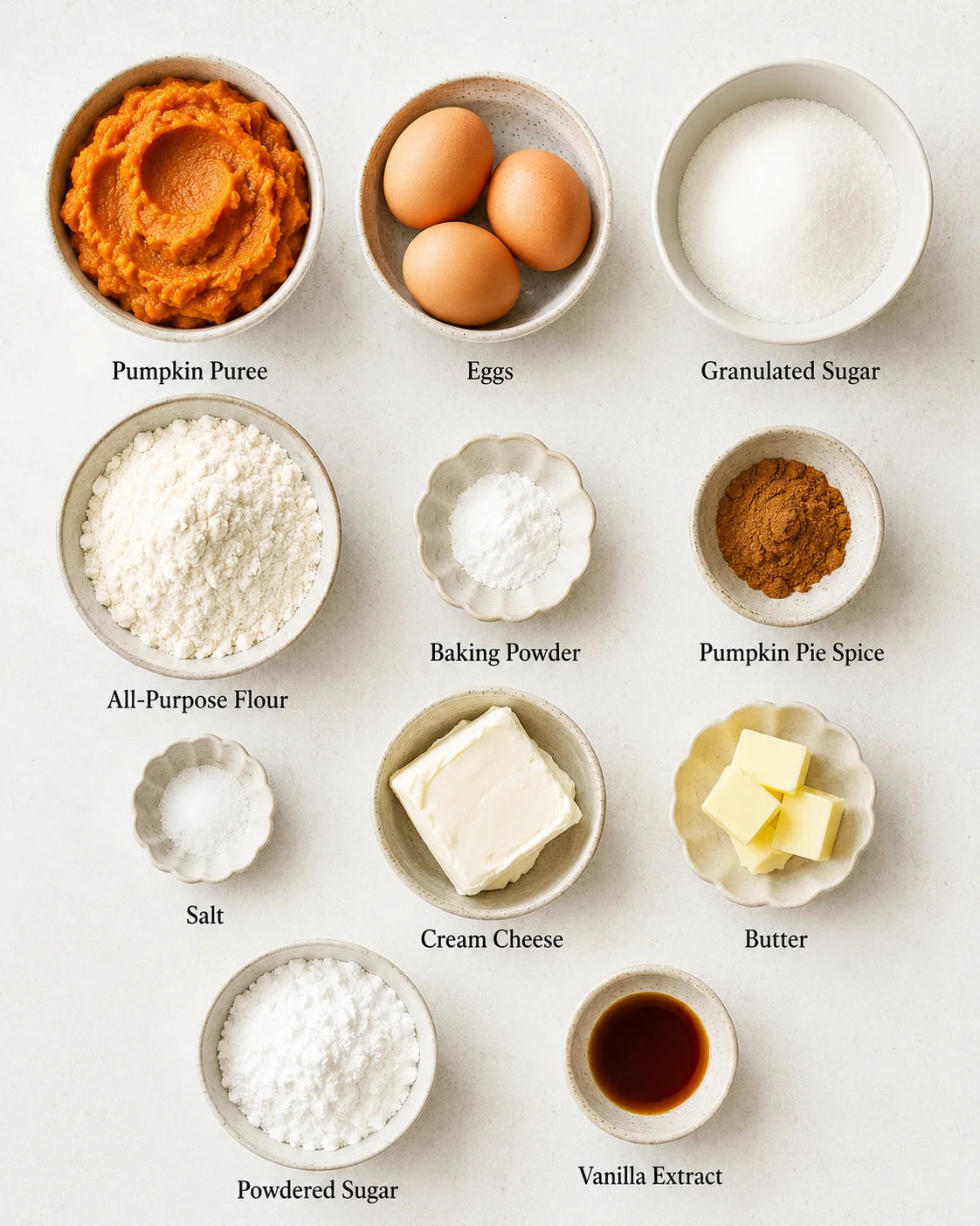 Assorted ingredients for pumpkin rolls including pumpkin puree, eggs, sugar, flour, and spices.