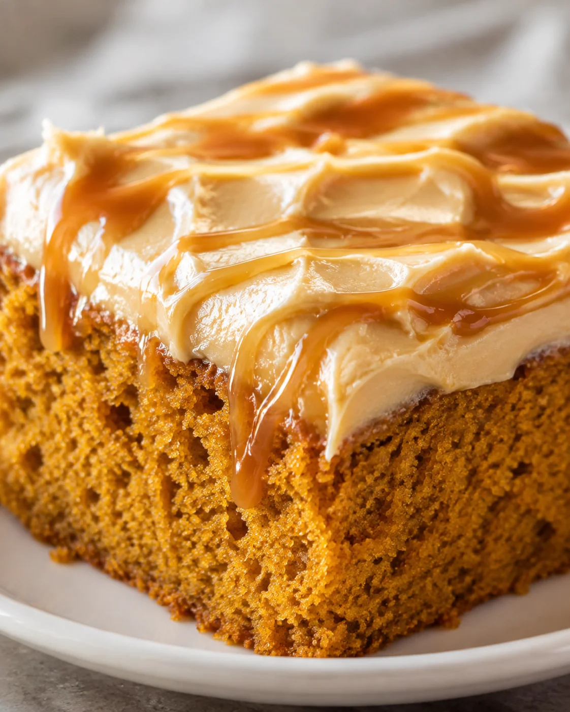 Moist pumpkin cake topped with creamy caramel cream cheese frosting.