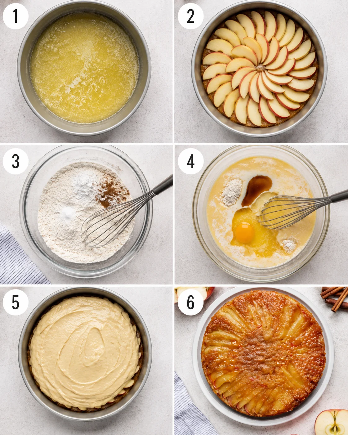 Step-by-step process of making apple upside down cake with caramelized apples