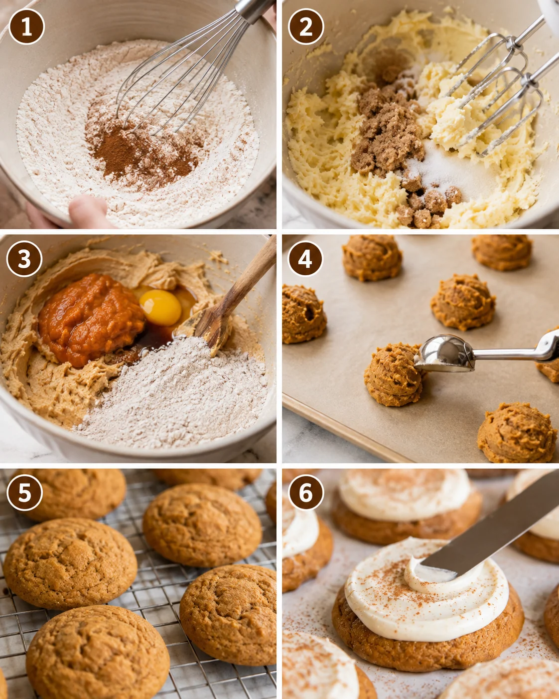 Step-by-step images of pumpkin cookie dough being prepared and decorated with frosting