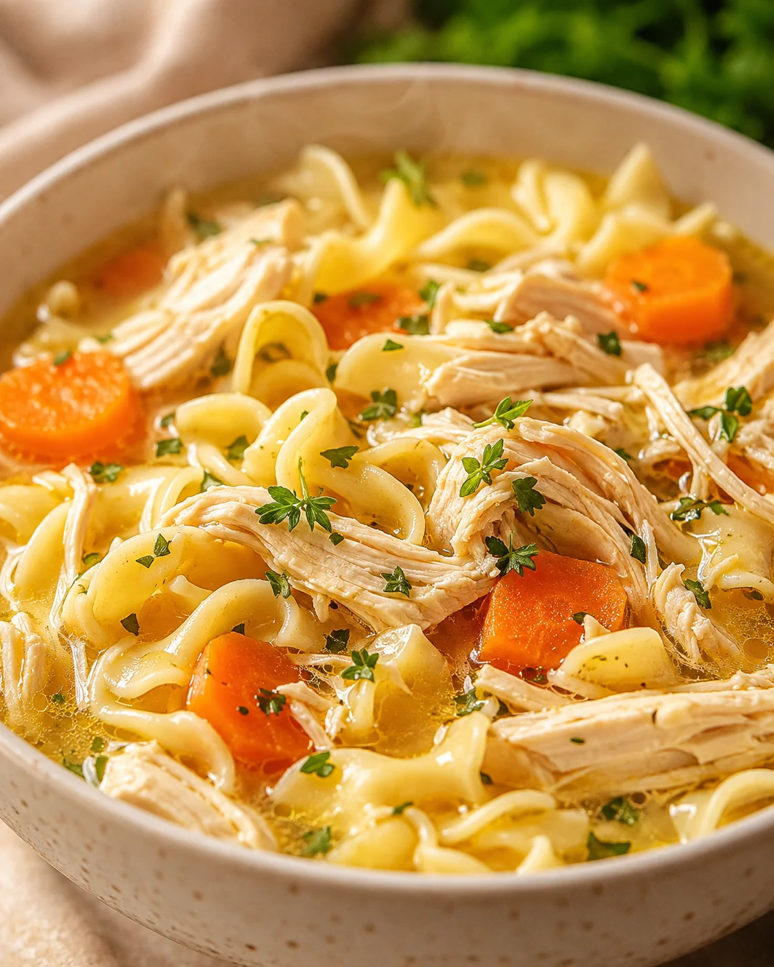 Delicious chicken noodle soup with tender chicken, vegetables, and flavorful broth