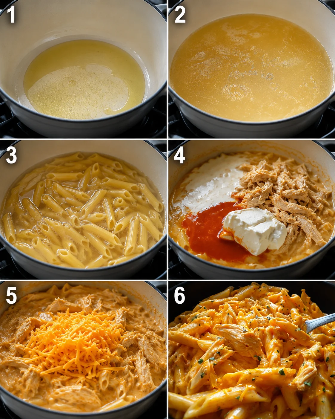 Step-by-step images of making creamy buffalo chicken pasta in one pot
