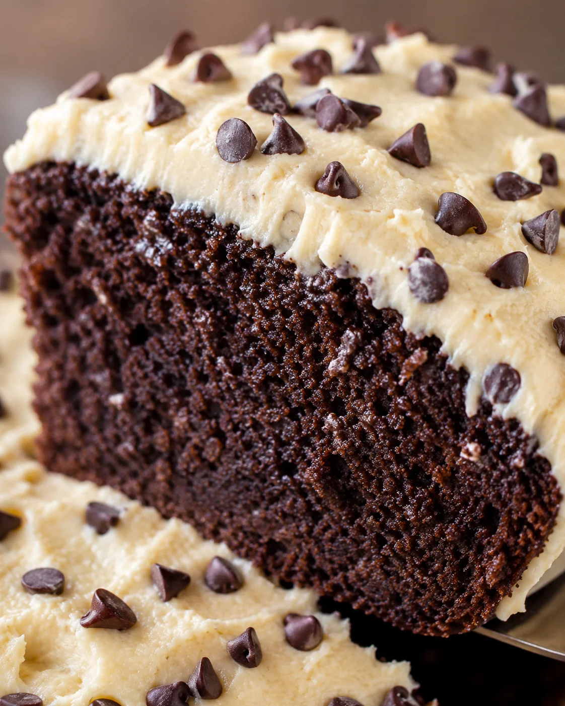 Close-up of a slice of moist chocolate pumpkin bread topped with chocolate chips