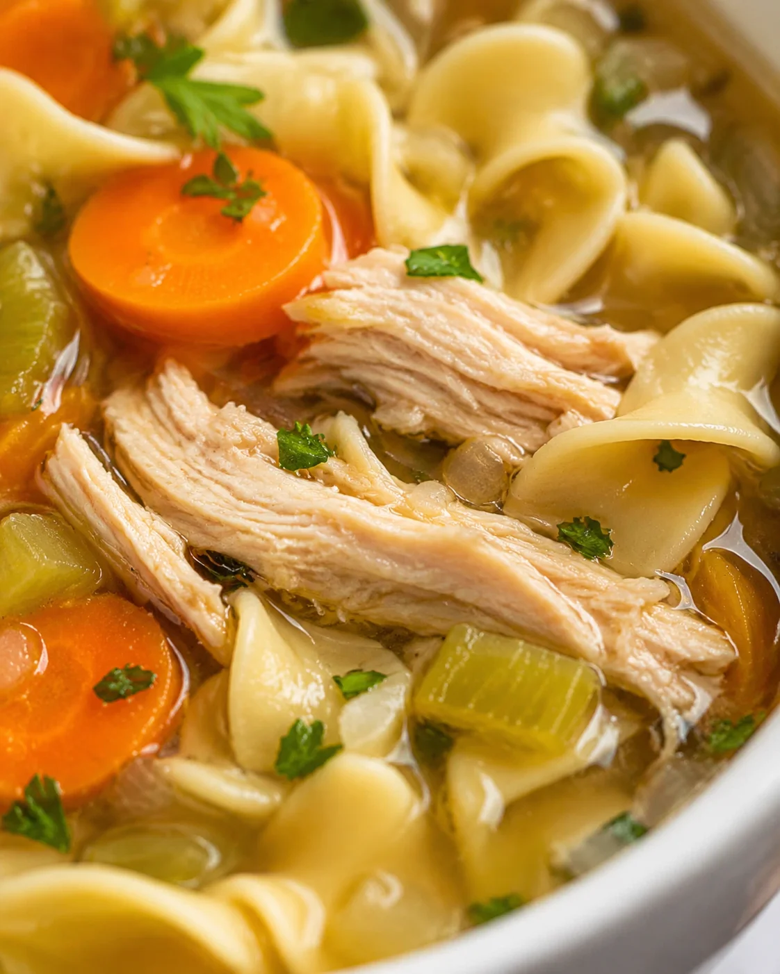 Close-up of hearty chicken noodle soup with vegetables and shredded chicken.