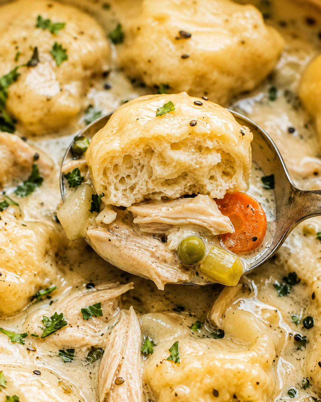 Close detail of a halved dumpling showing airy interior over shredded chicken in the soup