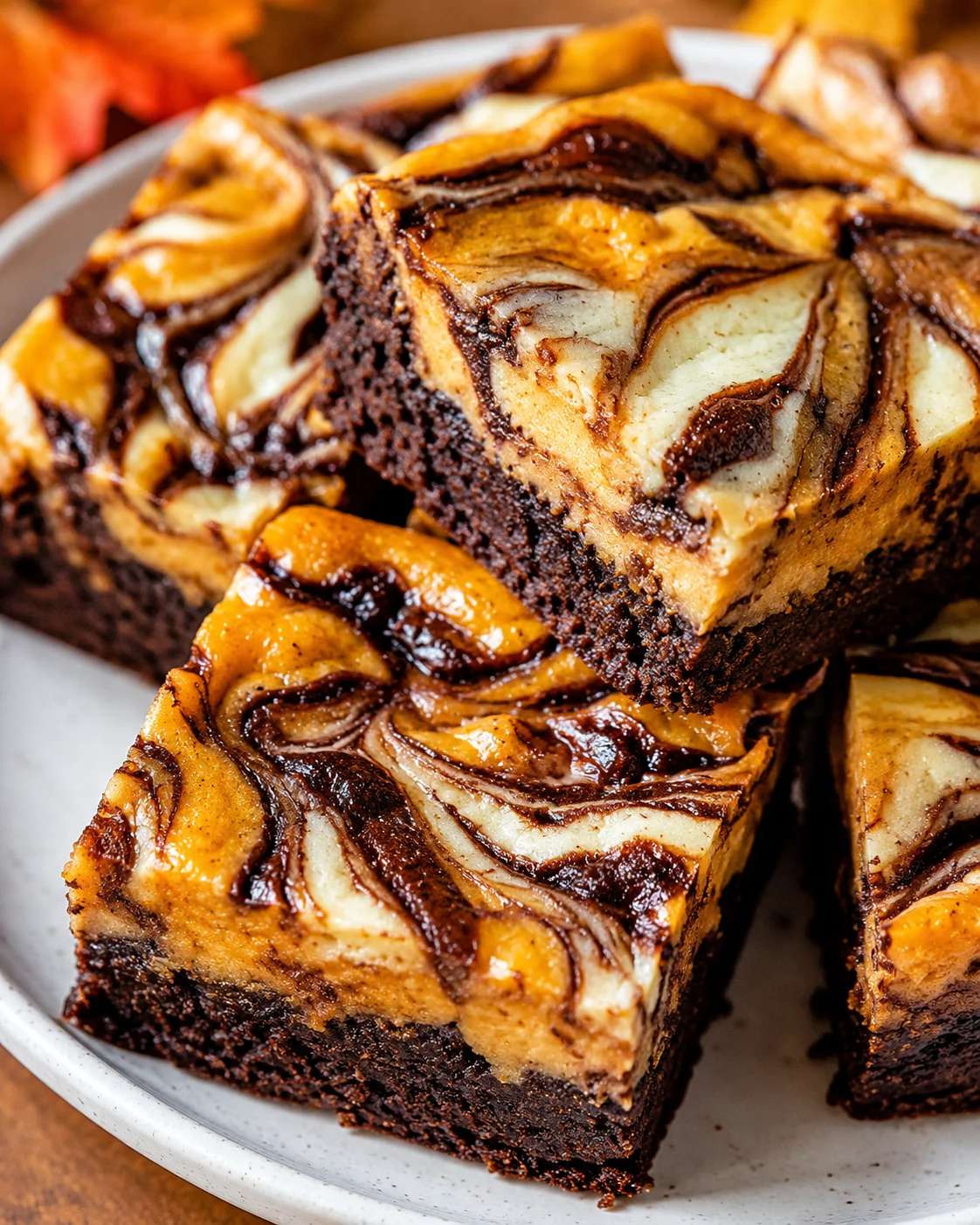 Close-up of marbled pumpkin cheesecake brownies with rich chocolate and orange swirl topping