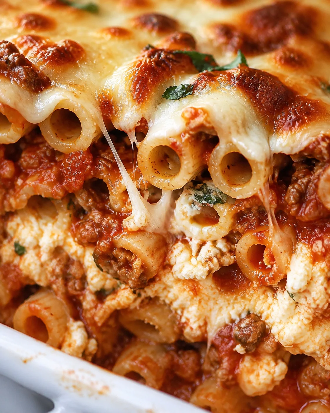 Close-up of baked ziti showing melted cheese and pasta with meat sauce