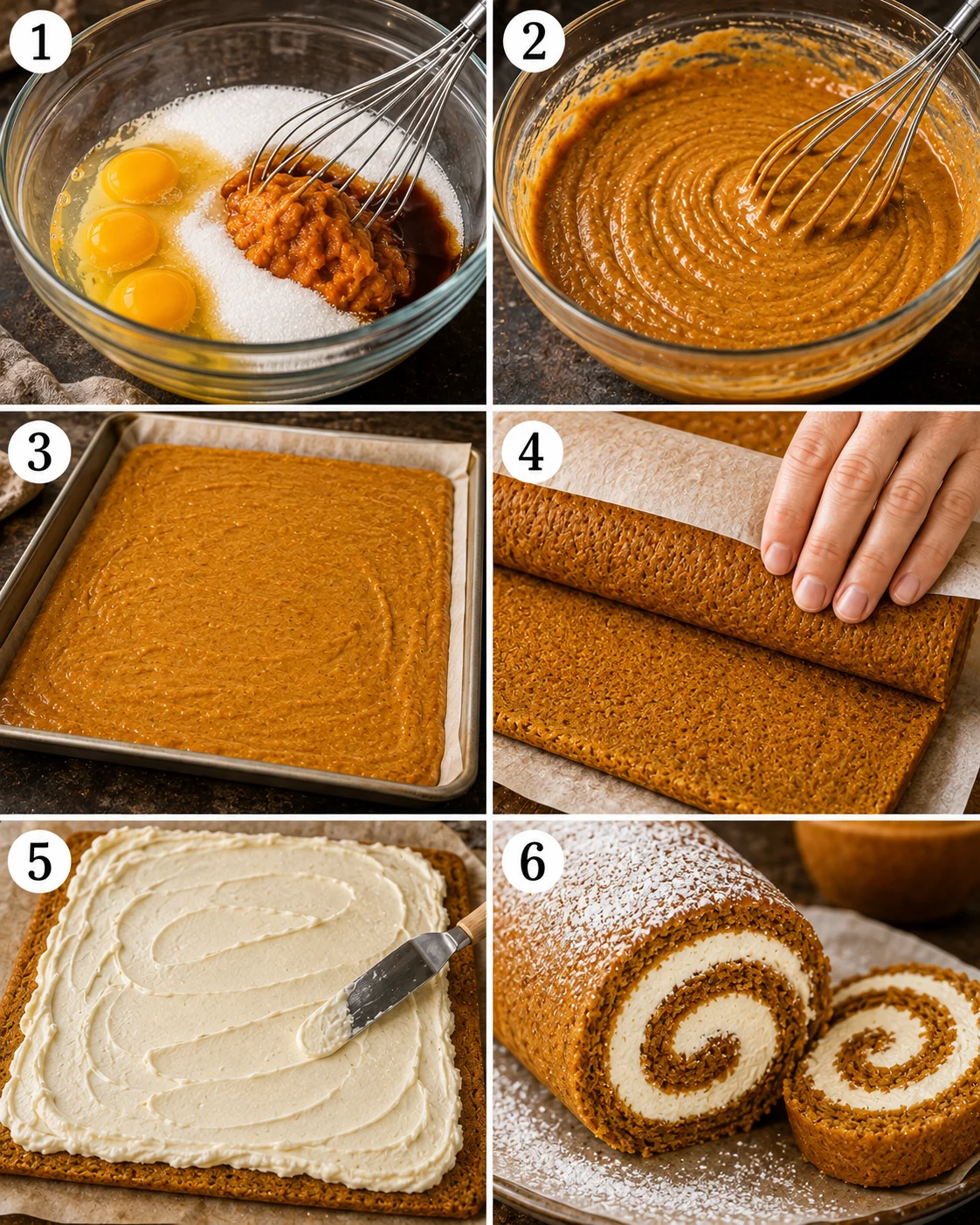 Homemade pumpkin roll being prepared with pumpkin cake and cream cheese filling.