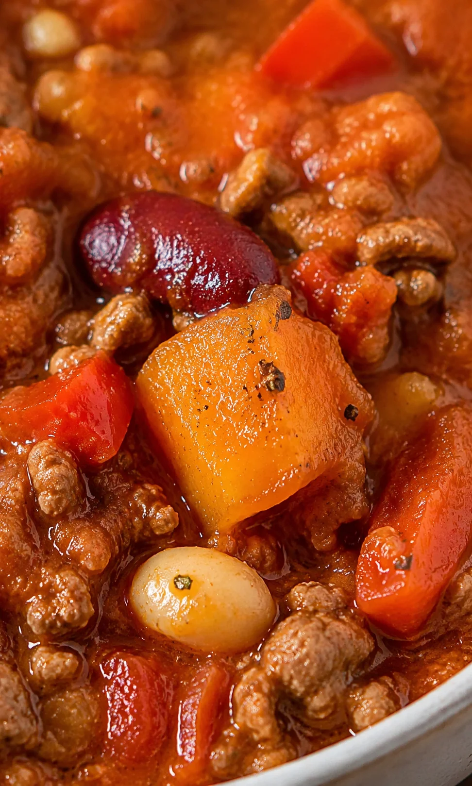 Close-up of hearty pumpkin chili with beans and vegetables.