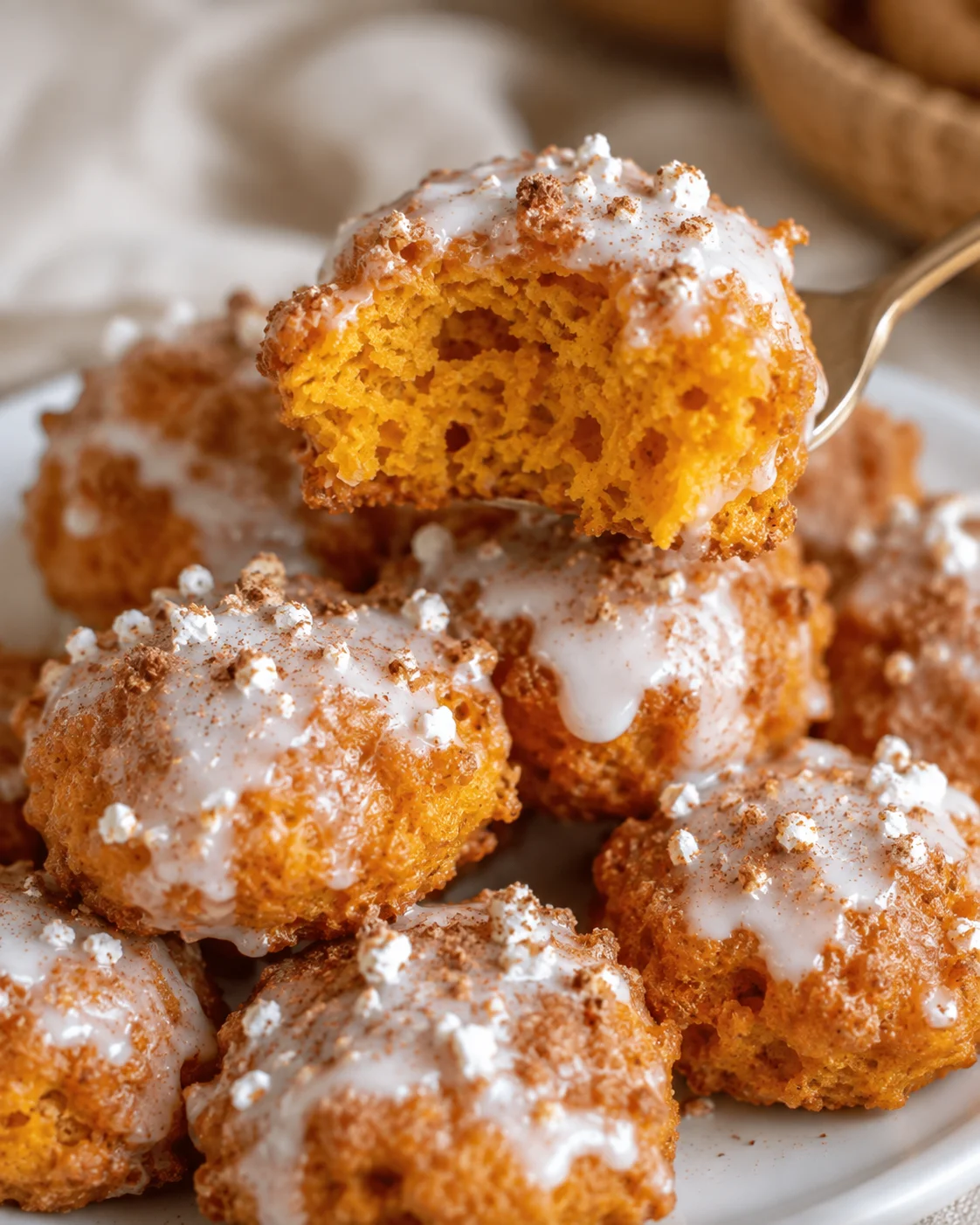 Close-up of fluffy baked pumpkin fritter bites with powdered sugar drizzle.