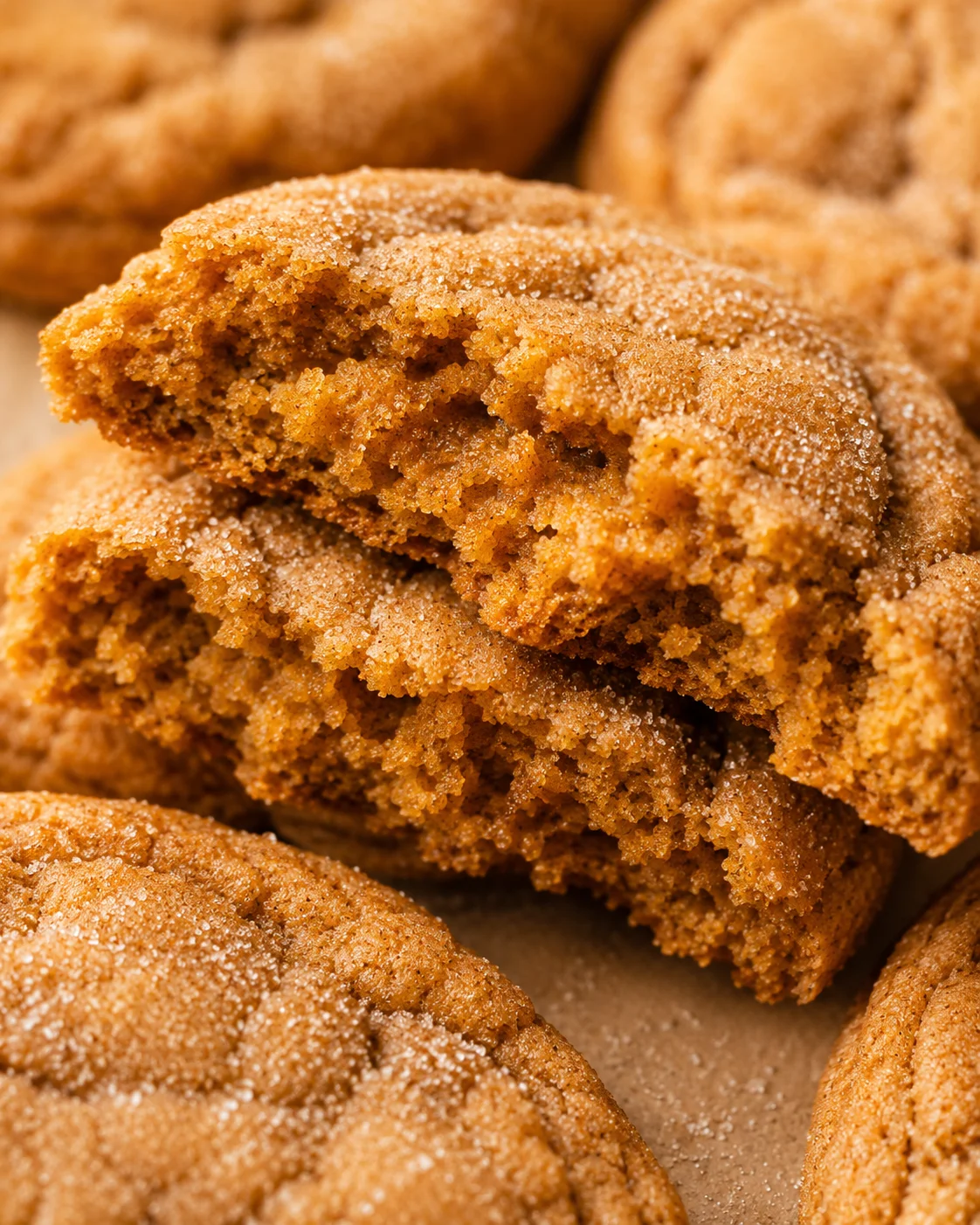 Close-up of soft, chewy pumpkin snickerdoodle cookies with cinnamon sugar coating.