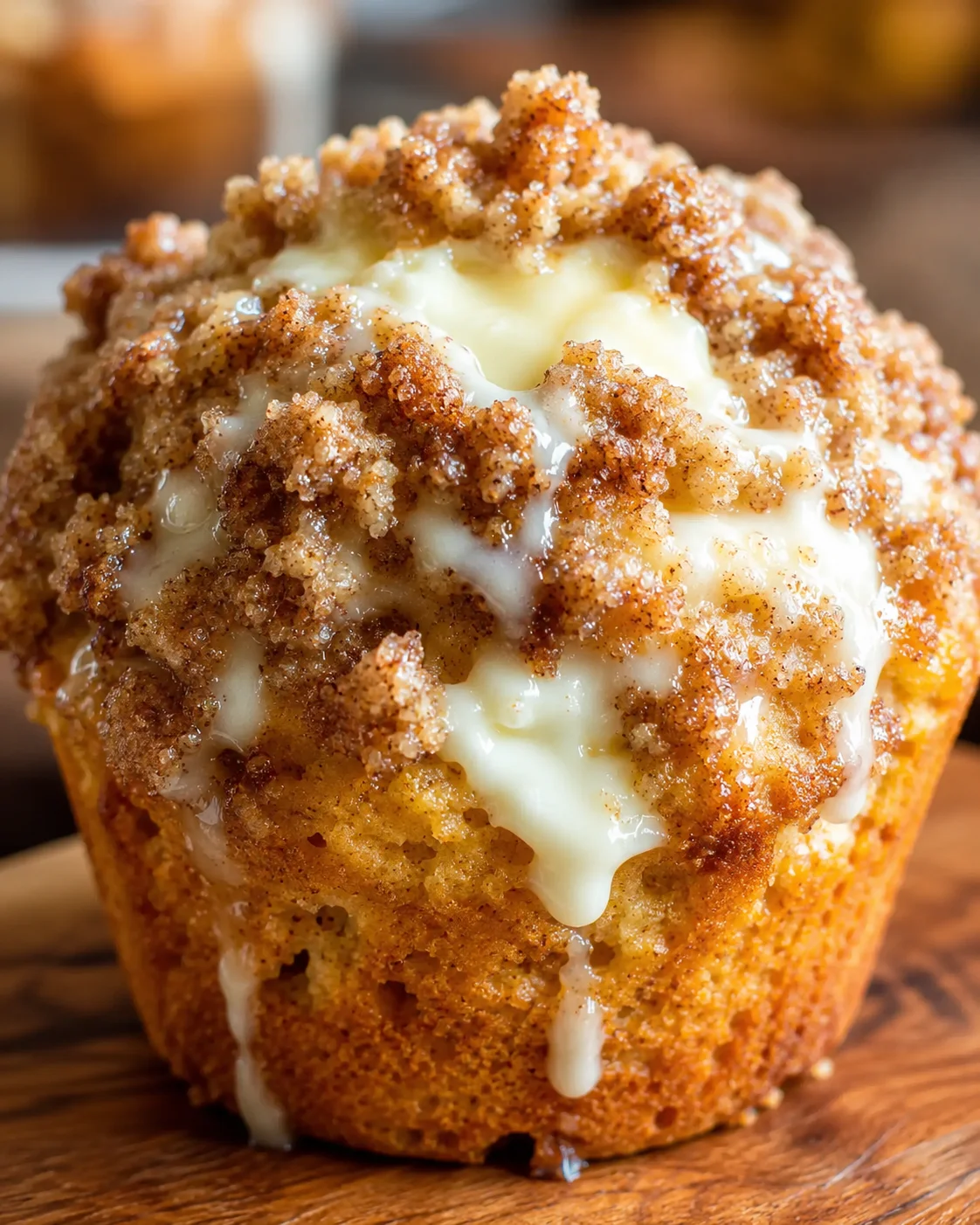 Close-up of a freshly baked pumpkin muffin topped with streusel and cream cheese