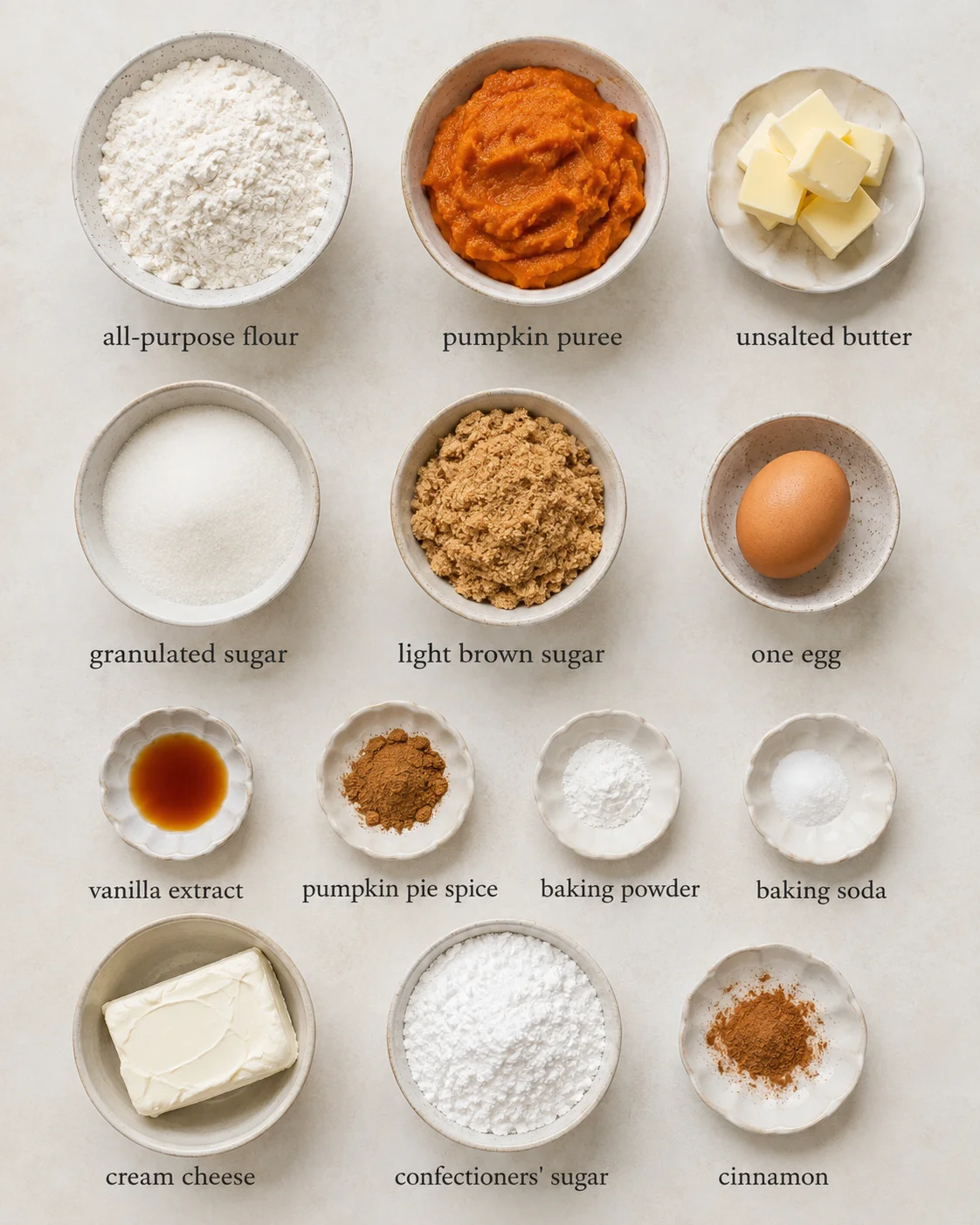 Assorted ingredients for pumpkin cookies and cream cheese frosting arranged on a neutral background.