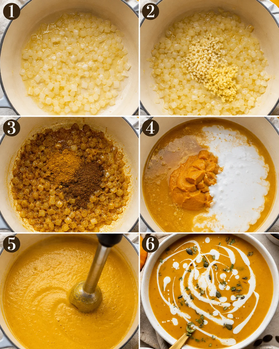 Creamy vegan pumpkin curry soup with spices and coconut milk in a bowl