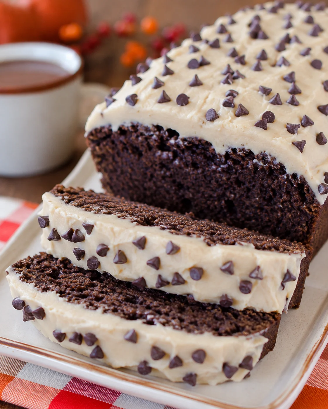Delicious chocolate pumpkin bread topped with chocolate chips and cream cheese frosting.