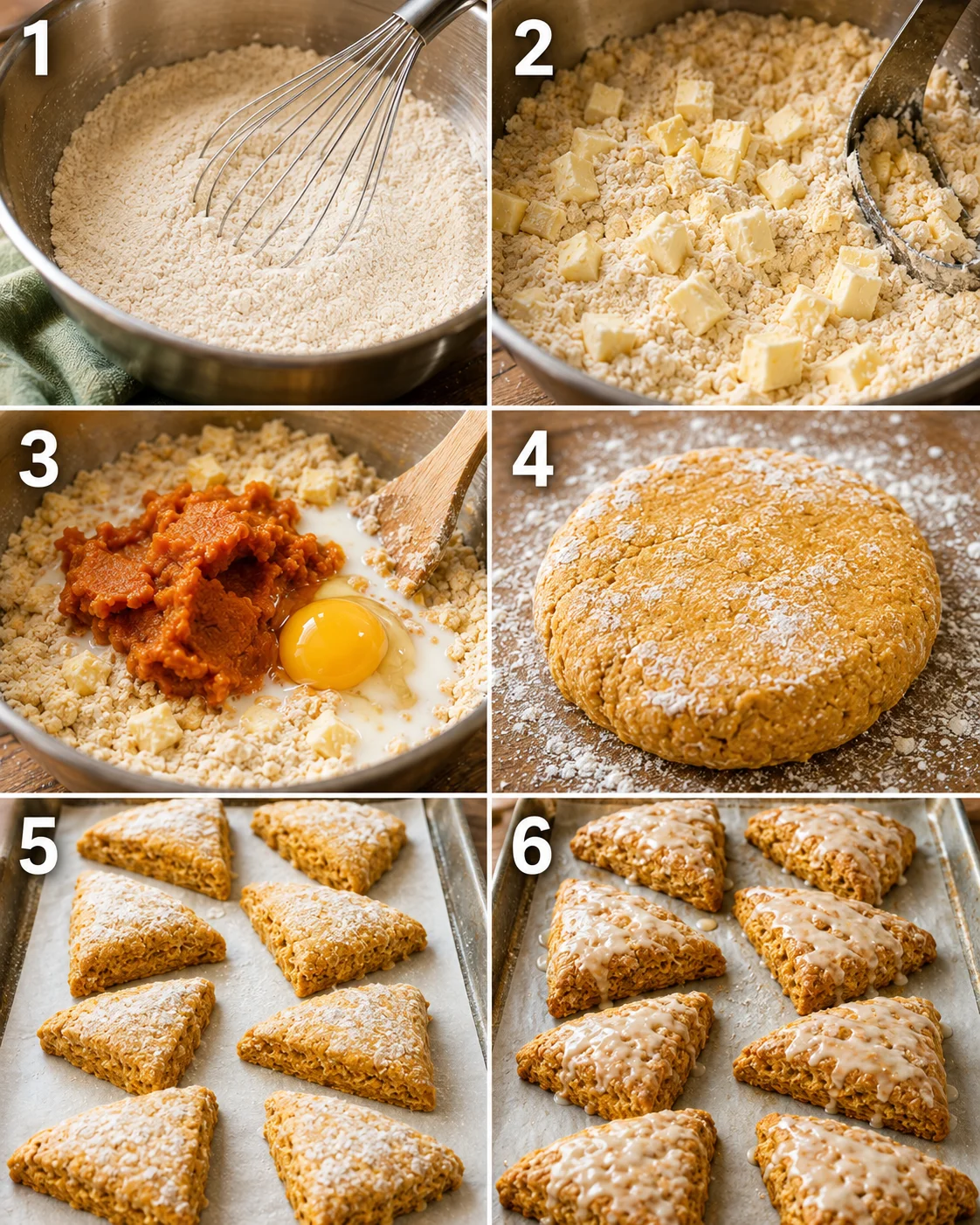 Sequence of images showing mixing dough, adding butter, and baking scones.