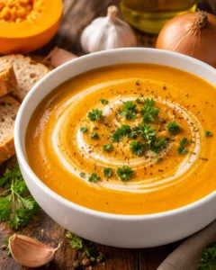 Bowl of creamy Gordon Ramsay pumpkin soup garnished with a cream swirl, parsley and cracked pepper