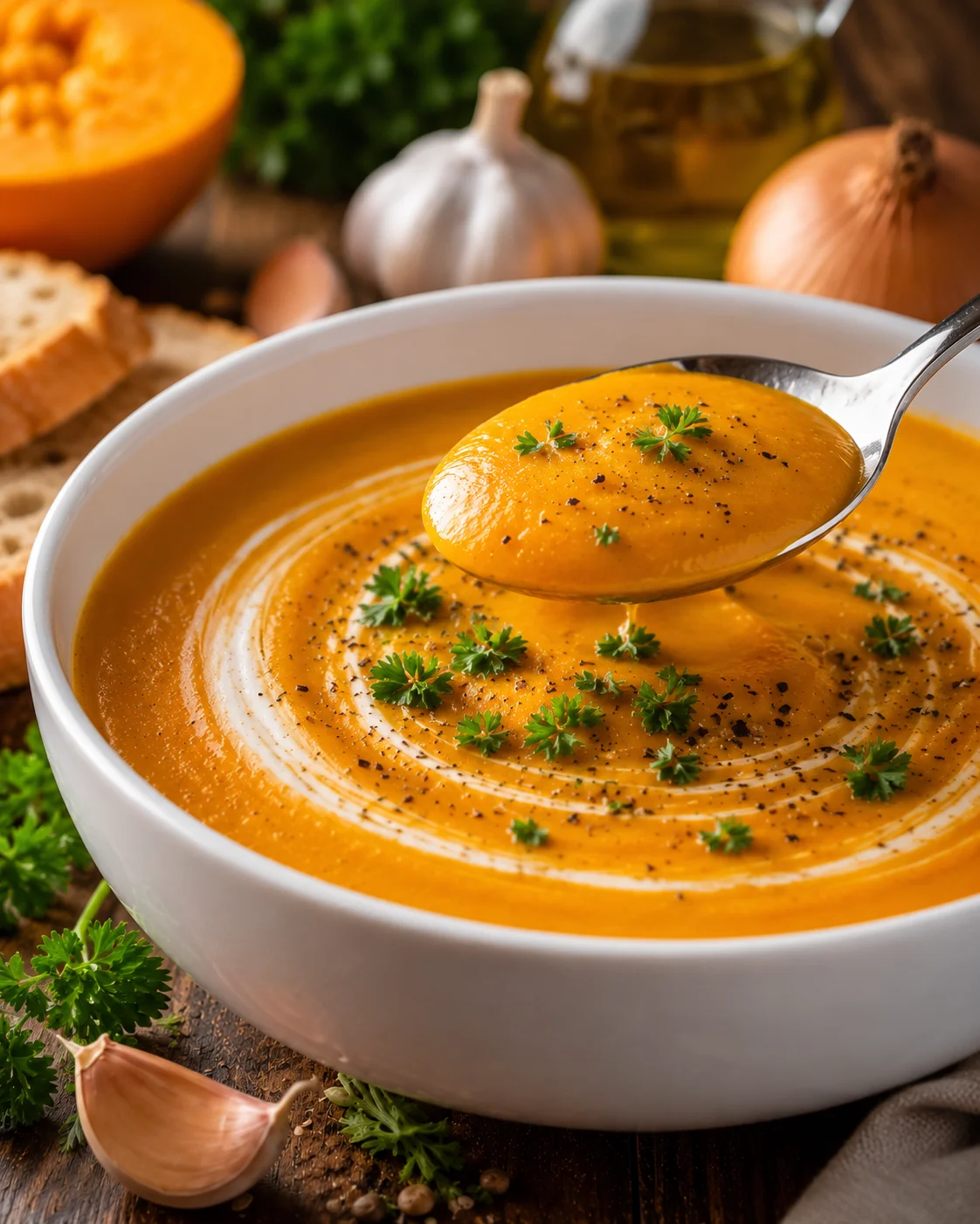 Spoon lifting a spoonful of Gordon Ramsay pumpkin soup from a bowl showing the creamy texture and parsley garnish