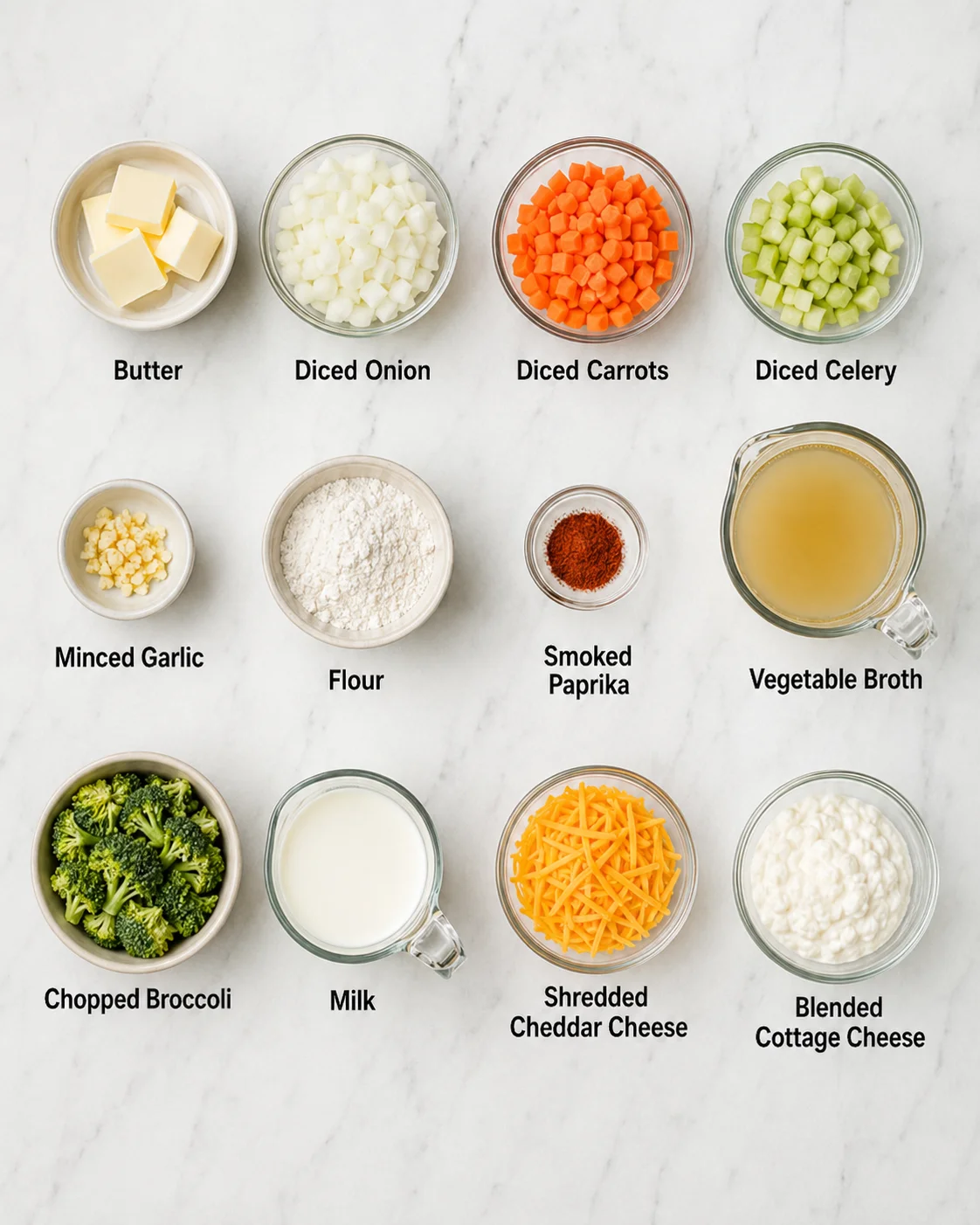 Top-down layout of ingredients for high protein broccoli cheddar soup in labeled bowls including butter, onion, carrots, broccoli, cheese and cottage cheese