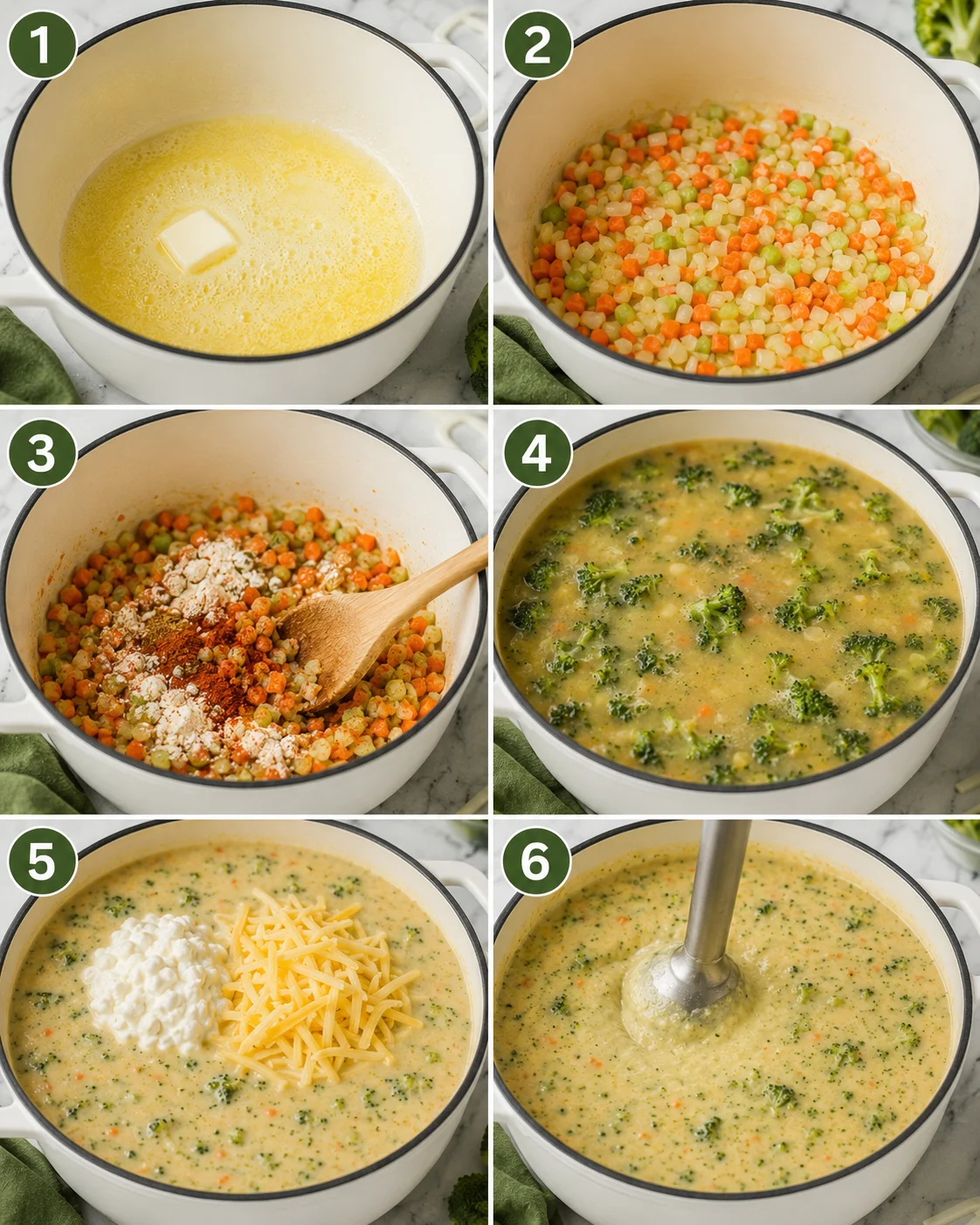 Six-panel step-by-step process images showing melting butter, sautéing vegetables, adding flour and spices, simmering broccoli, adding cheese and cottage cheese
