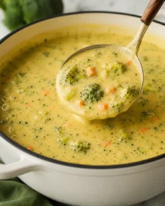 Ladle lifting a spoonful of high protein broccoli cheddar soup from a pot with visible broccoli florets