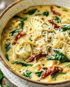 Close-up of lemony Tuscan artichoke soup showing artichoke hearts, sun-dried tomatoes, spinach and grated cheese