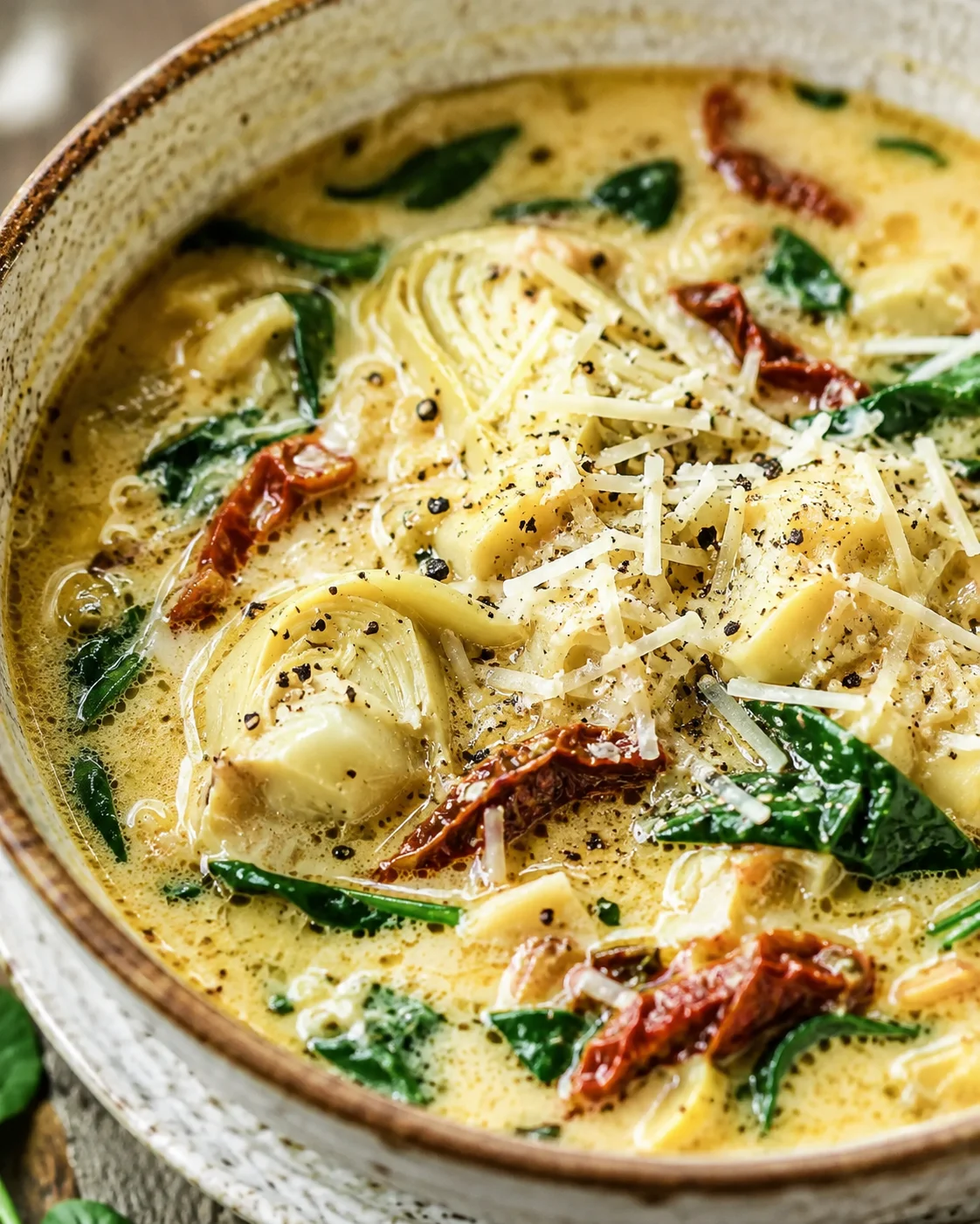 Close-up of lemony Tuscan artichoke soup showing artichoke hearts, sun-dried tomatoes, spinach and grated cheese