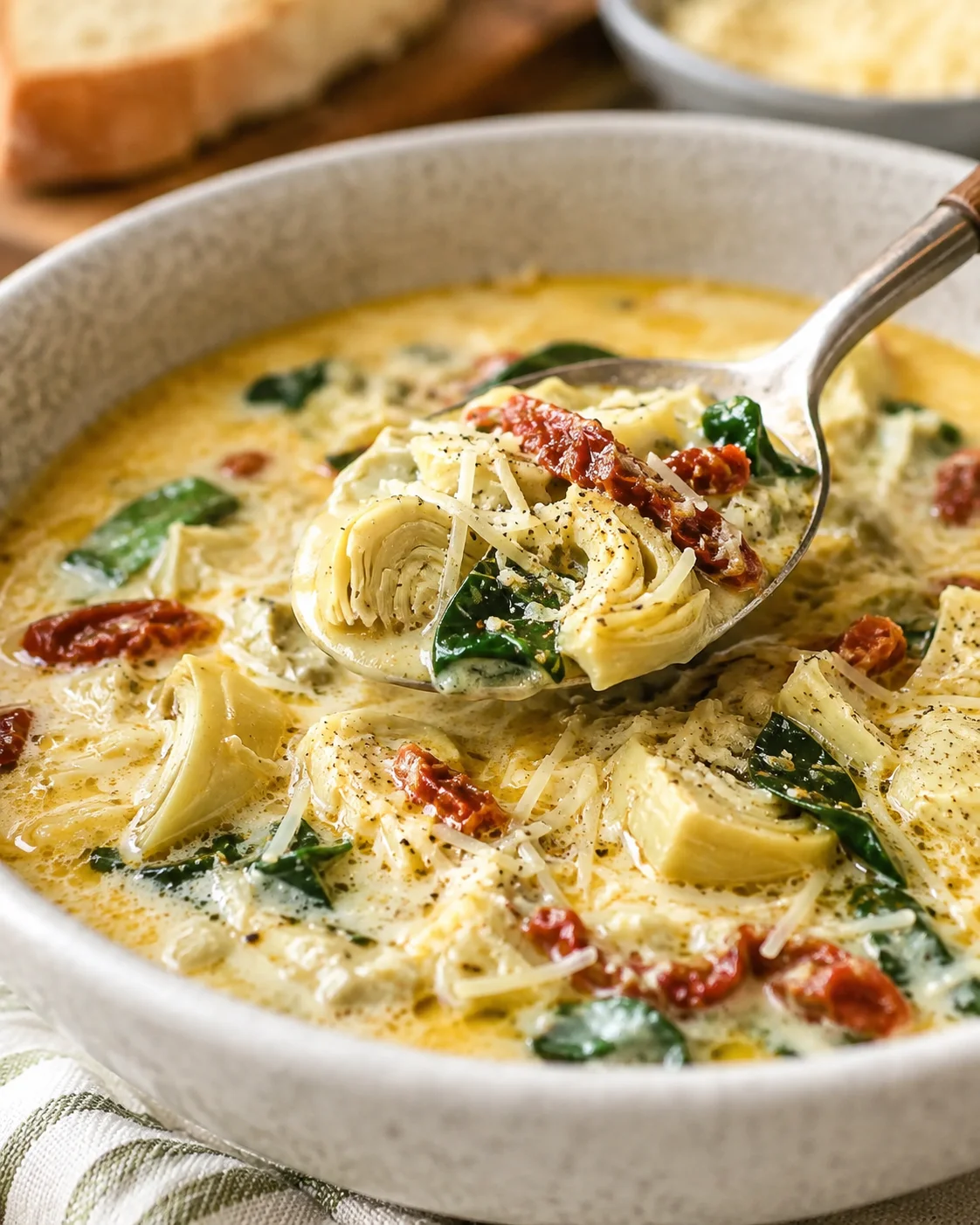 Bowl of lemony Tuscan artichoke soup with artichoke hearts, sun-dried tomatoes, spinach and grated cheese, spoon lifting a portion