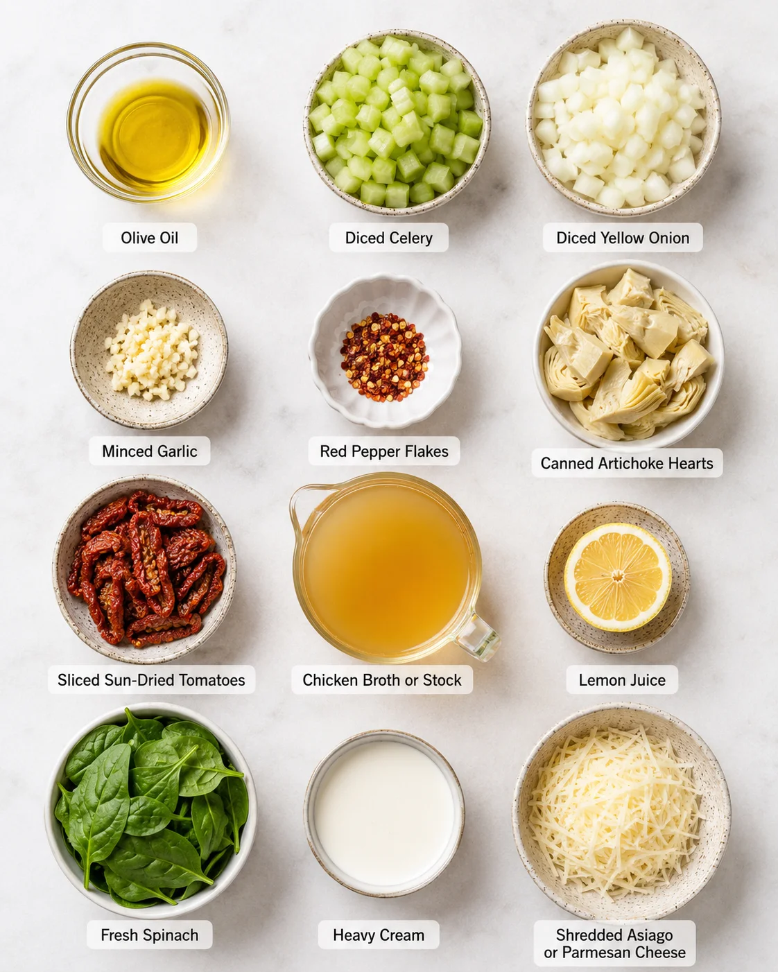 Top-down view of labeled ingredients for lemony Tuscan artichoke soup including olive oil, celery, onion, garlic, artichokes, sun-dried tomatoes, broth, lemon, 