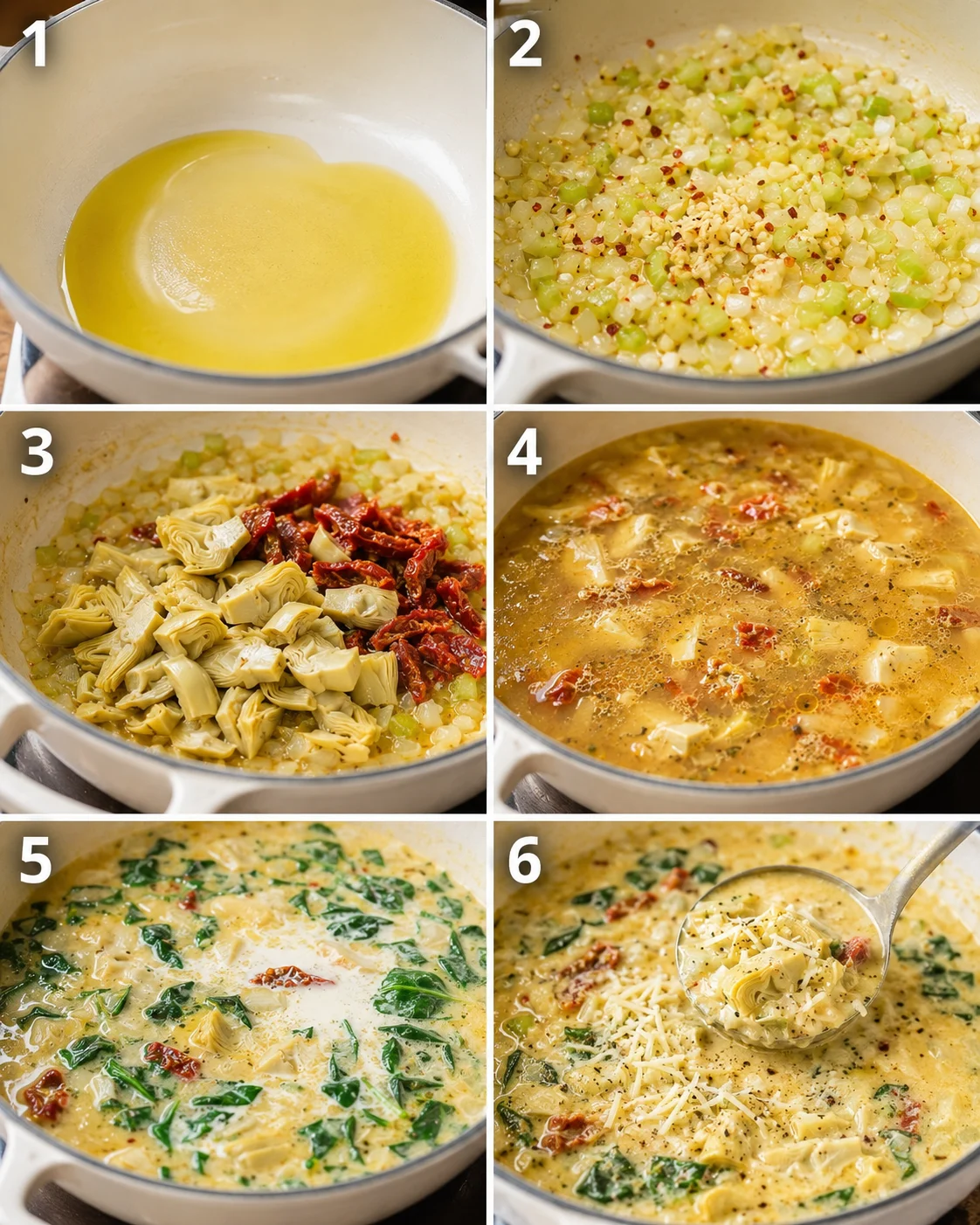 Six-step collage showing stages of making lemony Tuscan artichoke soup from sautéing aromatics to finishing with cream and cheese