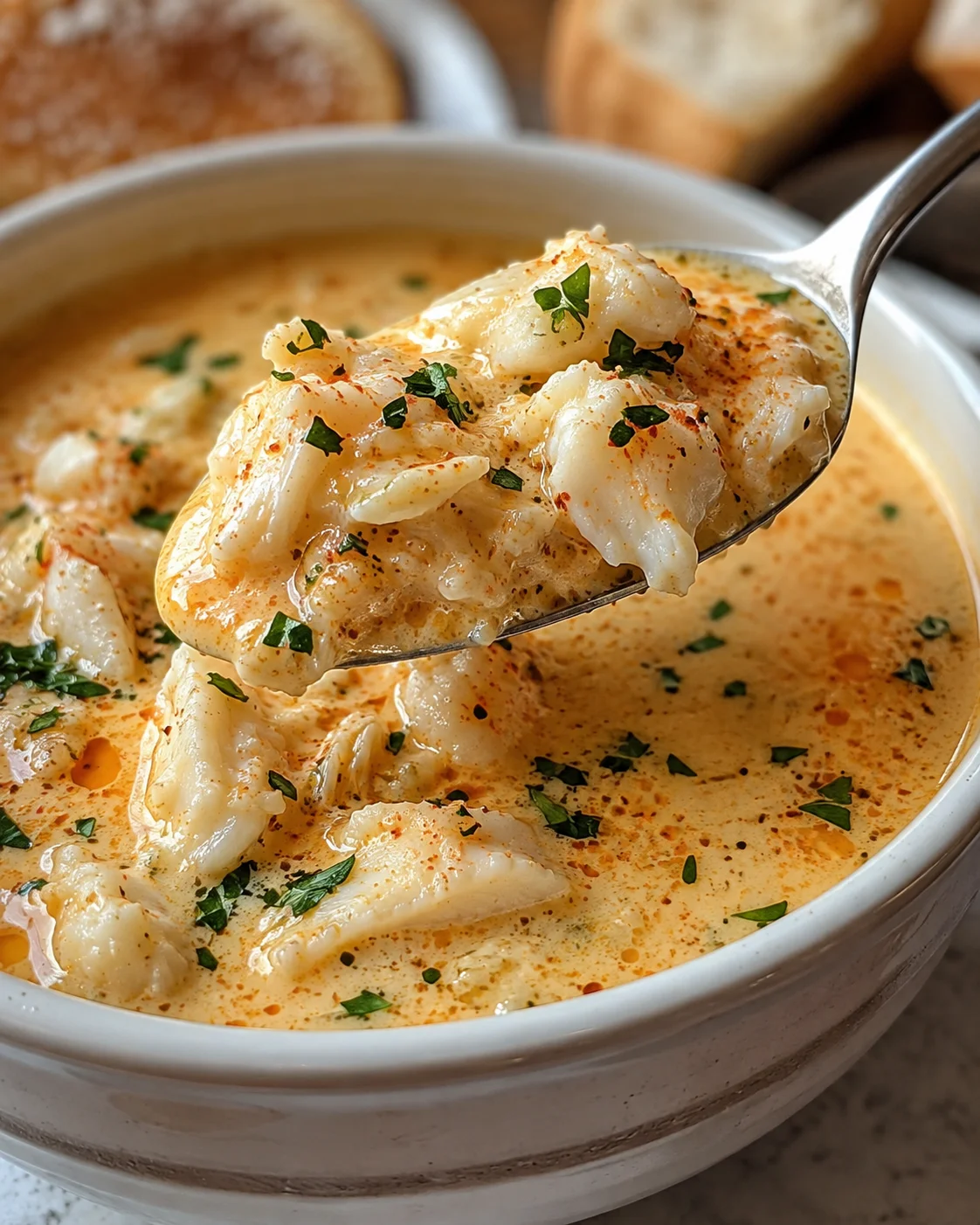 Bowl of Lowcountry she crab soup with a spoonful of lump crab and cream, garnished with parsley