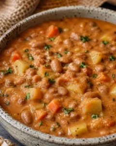 Close-up bowl of Mexican pinto bean soup with beans, potatoes, carrots and creamy broth
