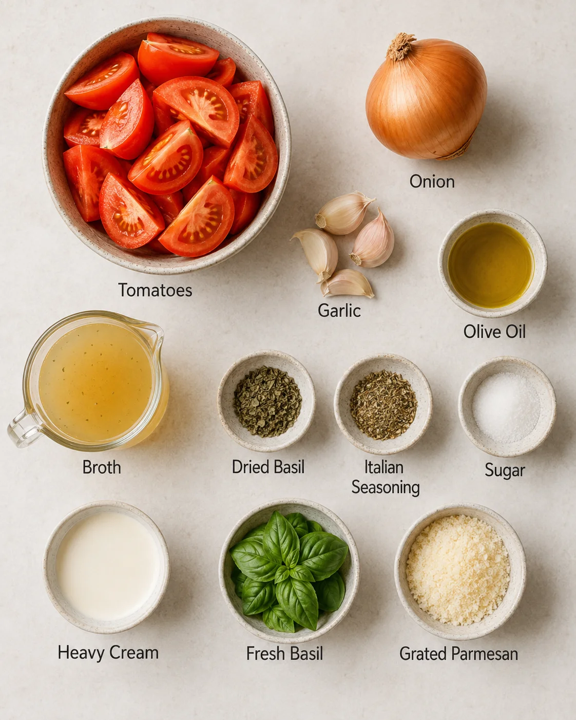 Fresh tomatoes, onion, garlic, and herbs arranged on a neutral surface.