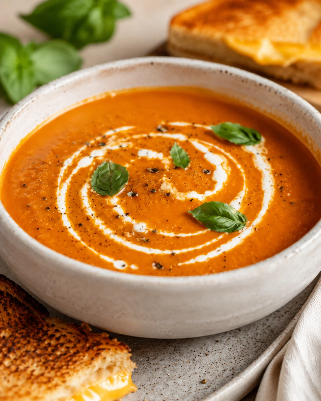 Bowl of rich, creamy roasted tomato soup garnished with basil leaves