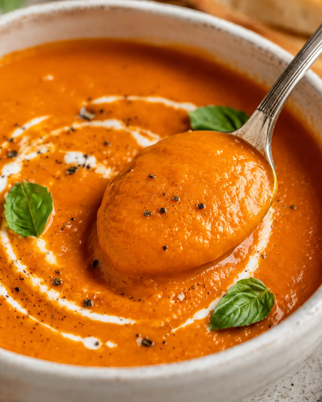 A bowl of creamy roasted tomato soup garnished with basil leaves and black pepper.